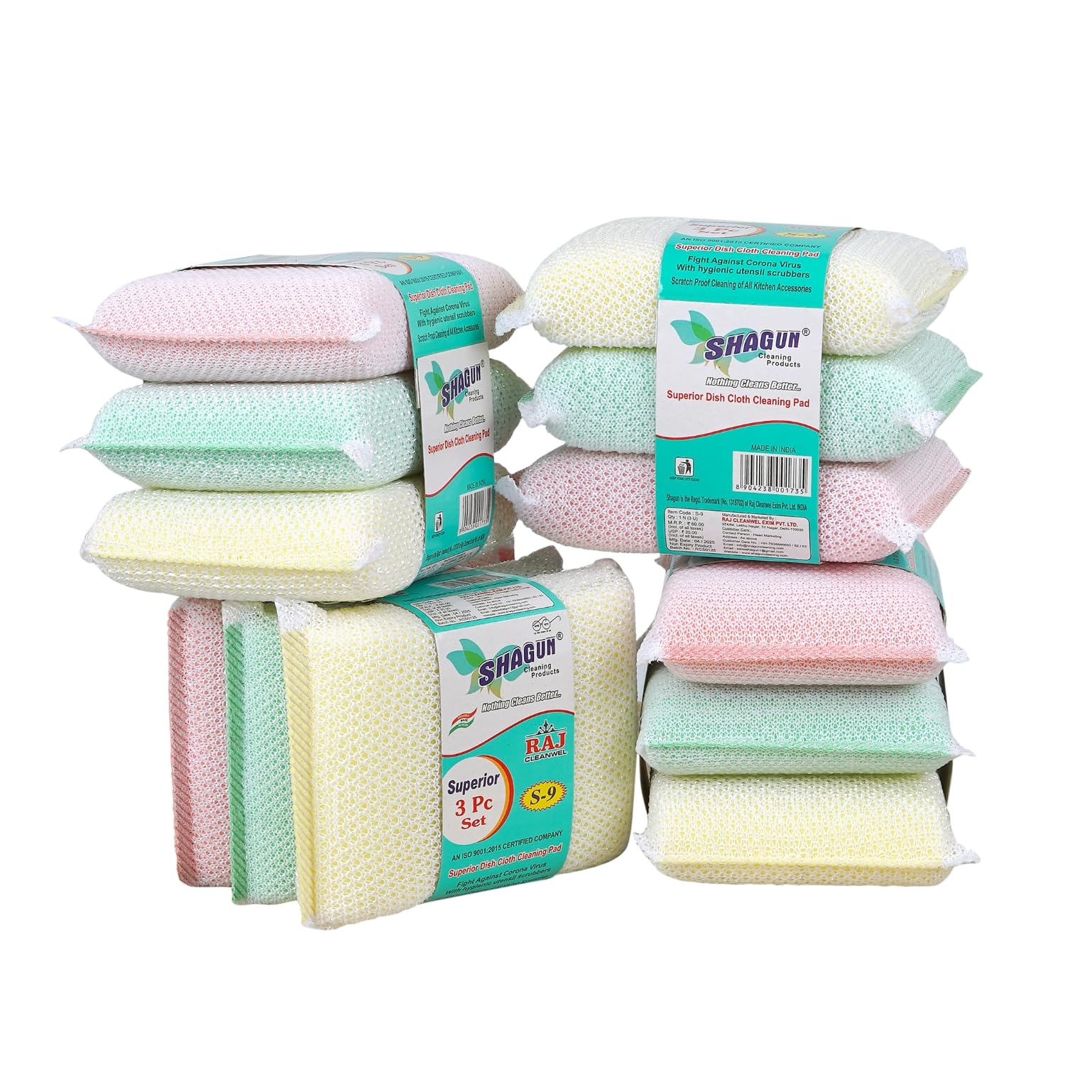 SHAGUN Dish Cloth Cleaning Pad – Pack of 12 (3 Pc x 4 Sets) | Soft Mesh Foam Scrubber for Kitchen | Non-Scratch Utensil Cleaner